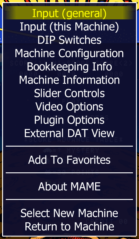 Space Invaders In-Game Menu